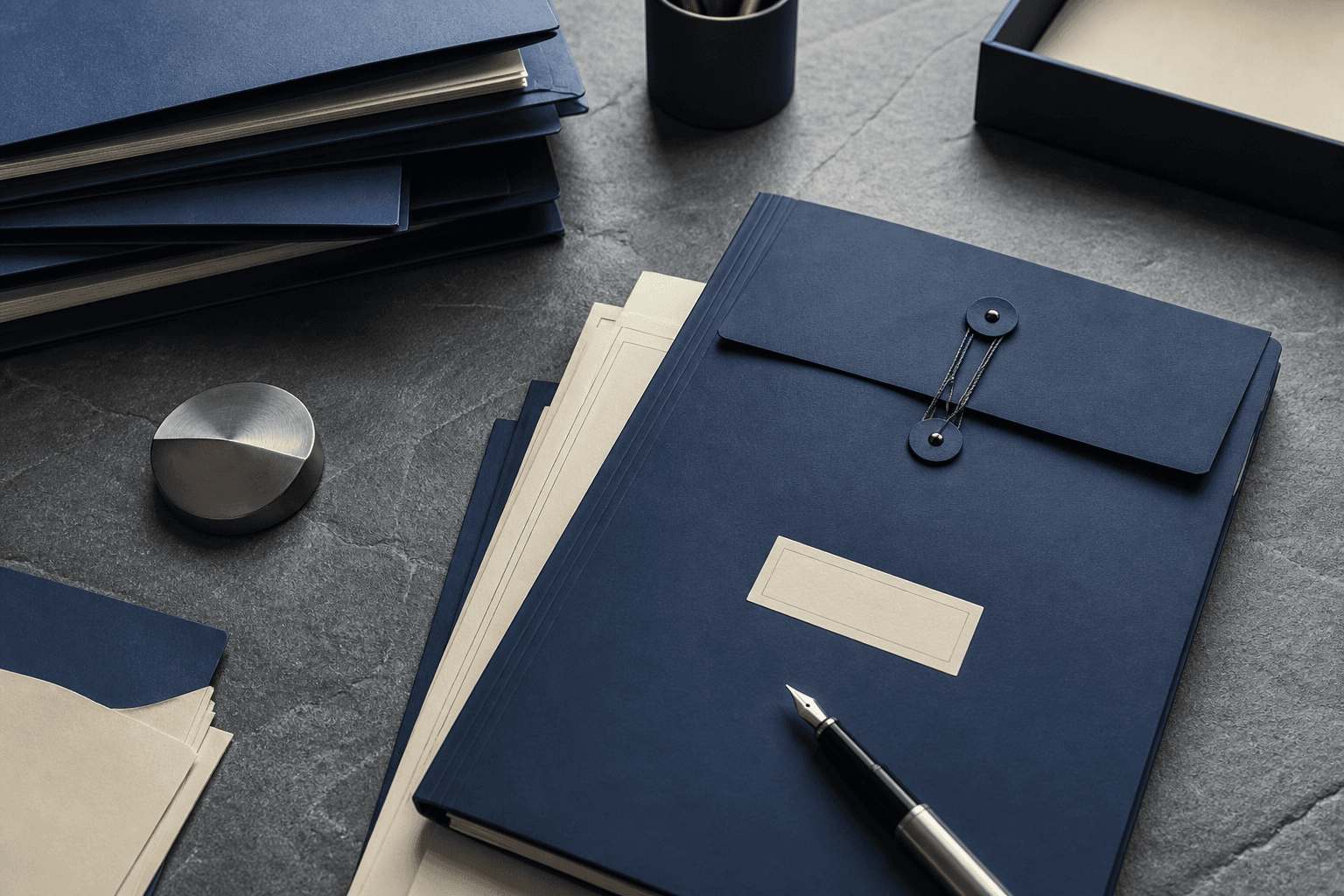 Expedientes y papel de trabajo sobre un escritorio, sin pantallas.